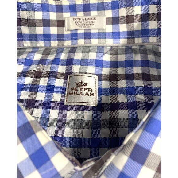 Peter Millar Cotton Button Up Shirt Mens XL Blue Brown Gingham Check Long Sleeve - Picture 2 of 8